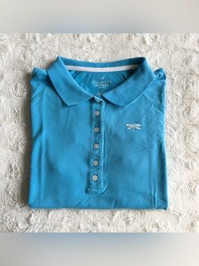Talbots Polo Shirt Womens Petite Medium Blue Cotton Dragonfly Short Sleeve Solid